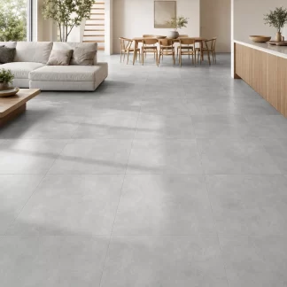Balance Cimento Grey 30×30 matt porcelain tile installed in a straight-grid pattern on a modern living room floor