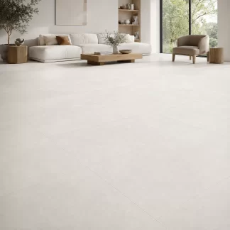 Urbancrete White 24×48 matt porcelain tile installed in a straight pattern across a modern living room floor.