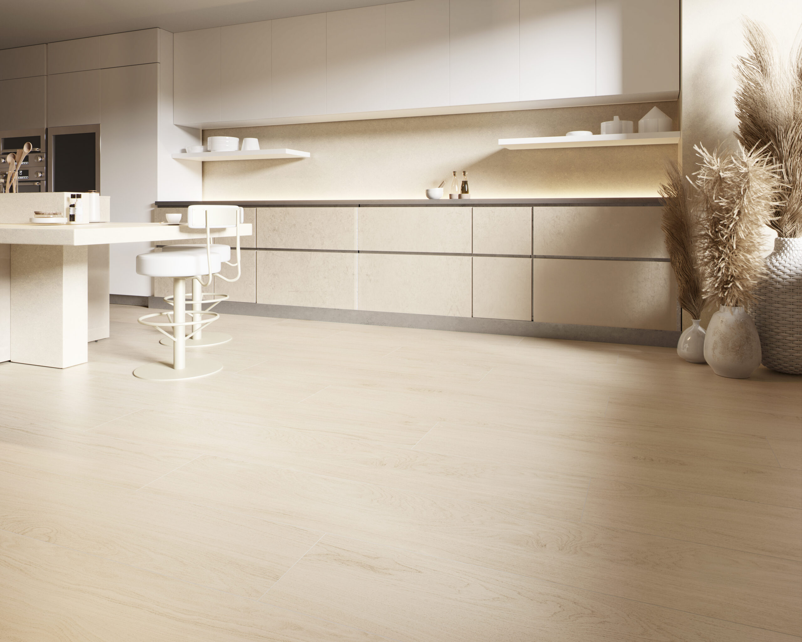 Light wood look porcelain tile kitchen installation in Tampa Florida by The Flooring District