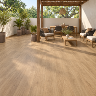 Kalon Roble wood-look porcelain tile in a lanai