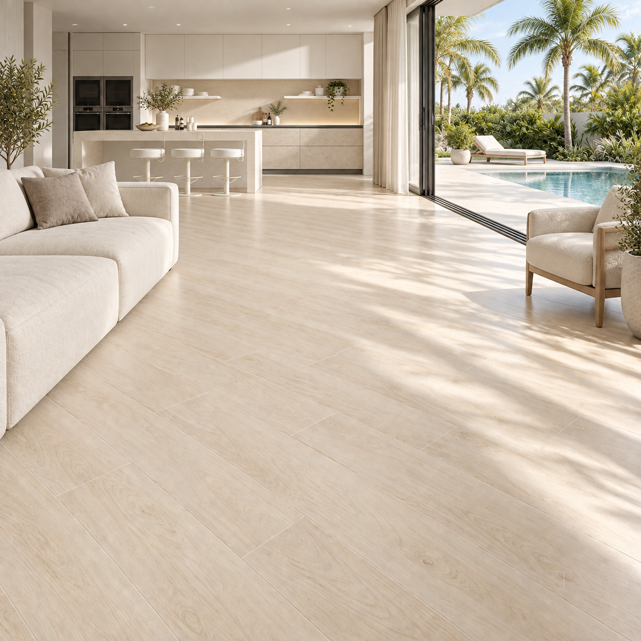 Kalon Arce porcelain tile with pale wood-look grain in a modern cream kitchen.