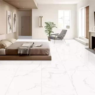Marble Calacatta 48x48 Porcelain Tile — a stunning large-format porcelain inspired by luxurious Calacatta marble, featuring bright white tones with bold grey veining. Its polished finish enhances brightness and sophistication while ensuring durability, water resistance, and easy maintenance. Perfect for elegant floors and walls in kitchens, bathrooms, and contemporary living spaces.