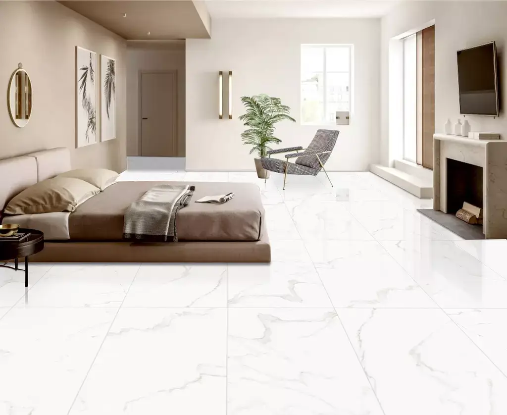 Marble Calacatta 48x48 Porcelain Tile β a stunning large-format porcelain inspired by luxurious Calacatta marble, featuring bright white tones with bold grey veining. Its polished finish enhances brightness and sophistication while ensuring durability, water resistance, and easy maintenance. Perfect for elegant floors and walls in kitchens, bathrooms, and contemporary living spaces.