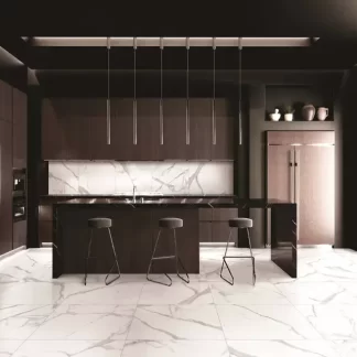 Prestige Statuario Porcelain Tile β a luxurious marble-look porcelain inspired by the timeless beauty of Statuario marble, featuring bold grey veining on a luminous white background. Available in polished or matte finishes, it combines elegance and sophistication with the durability, water resistance, and easy maintenance of porcelain. Perfect for upscale floors and walls in kitchens, bathrooms, and living areas.