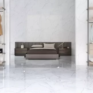 Elegance Marb White Porcelain Tile — a sophisticated marble-look porcelain in pure white with subtle veining, available in polished or matte finishes. Its refined surface enhances brightness and timeless elegance while ensuring durability, water resistance, and easy maintenance. Perfect for stylish floors and walls in kitchens, bathrooms, and modern living spaces.