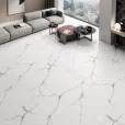 Glossy white Khogiani porcelain floor tile with fine gold and gray marble veining installed in a modern luxury living room