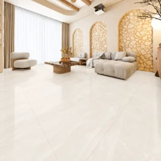 MXK88006F Marble Look Glossy Porcelain Tile 32x32 – Four square cream porcelain tiles with delicate white veining, arranged in a 2x2 grid on a clean white background.