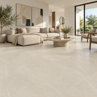 Bellevue Ivory Matte Porcelain Tile 32x32 – Modern living room featuring large-format beige porcelain floor tiles with subtle white veining, a matte finish, and elegant neutral decor.