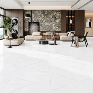 Calacatta Queen Marble Look Porcelain Tile 32x32 – Four square white porcelain tiles featuring elegant grey veining and subtle gold accents, displayed in a 2x2 grid on a clean white background.