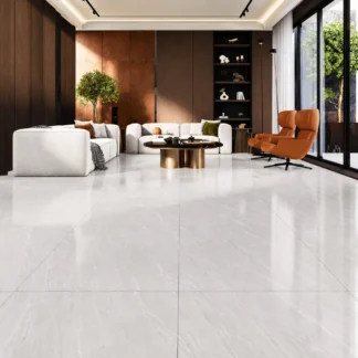 Mont Grey Marble Look Porcelain Tile 32x32 – Four square grey porcelain tiles with delicate white veining, displayed in a 2x2 grid on a clean white background.