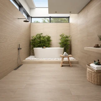 Clash Wood Beech Wood Look Tile in a modern spa bathroom featuring natural wood-grain flooring, beige tiled walls, a freestanding bathtub, and minimalist decor