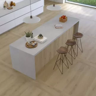 Versat Haya 9x48 Porcelain Tile — warm beech-inspired wood-look porcelain with natural beige tones and realistic grain patterns. The 9x48 long plank format highlights the beauty of natural wood while ensuring the durability, water resistance, and easy maintenance of porcelain. Ideal for floors and walls in kitchens, bathrooms, and living spaces.