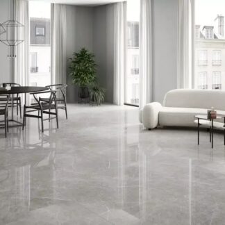 Aran Grey Polished 24x48 porcelain tile installed in modern living room