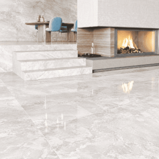 Capadocia White Porcelain Tile installed in a modern luxury interior with polished flooring and a contemporary fireplace.