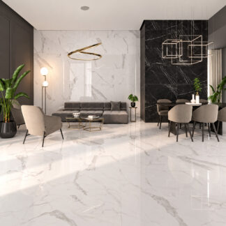 Capitol White polished porcelain tile 24x48 installed in a modern living room