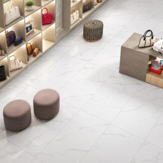 ssential White Porcelain Tile — a timeless marble-look porcelain in pure white with delicate veining, available in polished or matte finishes. Its elegant surface enhances light and space while offering durability, water resistance, and easy maintenance. Ideal for refined floors and walls in kitchens, bathrooms, and contemporary living spaces.