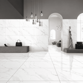Naos Alpine Pulido Porcelain Tile — a sophisticated marble-look porcelain inspired by alpine stone, featuring bright white tones and delicate veining with a polished glossy finish. Its luxurious design enhances brightness and elegance while ensuring durability, water resistance, and easy maintenance. Perfect for stylish floors and walls in kitchens, bathrooms, and living areas.
