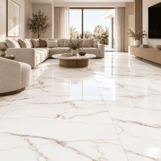 Carrara Venice porcelain tile installed in a modern living room with white marble look flooring