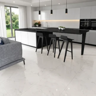 Lumina Carrara polished porcelain tile, 23x47 inches, with a white marble-look design and soft gray veining.