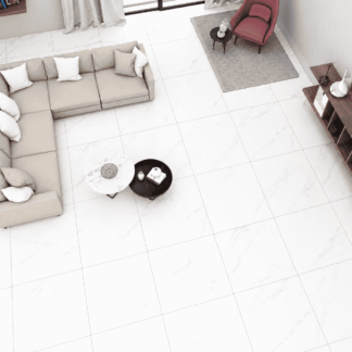 Alt text recomendado: Marble Carrara Matte Satin porcelain tile with white marble look and gray veining in a modern living room