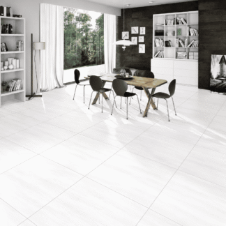 Tokyo White Matte 24x24 porcelain tile installed in a bright modern dining room