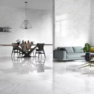 Montblanc White Porcelain Tile — a sophisticated marble-look porcelain in bright white tones with soft veining inspired by Montblanc stone. Available in polished or matte finishes, it combines luxury and elegance with durability, water resistance, and easy maintenance. Ideal for stylish floors and walls in kitchens, bathrooms, and modern living areas.