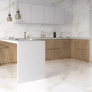 Marshall Gold Porcelain Tile — a luxurious marble-look porcelain featuring a white background with elegant golden veining. Its refined design adds warmth and sophistication, available in polished or matte finishes for versatile use. Durable, water-resistant, and easy to maintain, it’s perfect for creating elegant floors and walls in kitchens, bathrooms, and modern interiors.