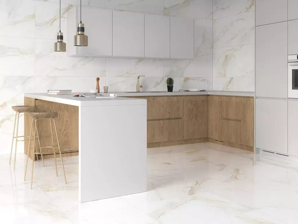Marshall Gold Porcelain Tile — a luxurious marble-look porcelain featuring a white background with elegant golden veining. Its refined design adds warmth and sophistication, available in polished or matte finishes for versatile use. Durable, water-resistant, and easy to maintain, it’s perfect for creating elegant floors and walls in kitchens, bathrooms, and modern interiors.