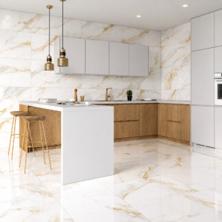 Marshall Gold 24x48 porcelain tile with white marble look and gold veining installed in a modern kitchen