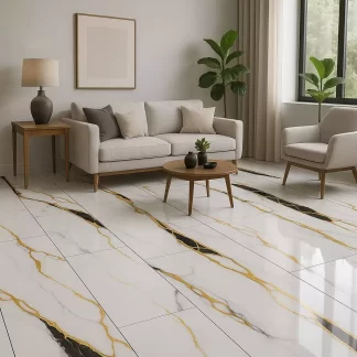 Black Empire 24x48 porcelain tile featuring a deep black background with elegant marble-style veining. Polished large-format surface ideal for creating sophisticated, modern floors and walls with a luxurious high-end look.