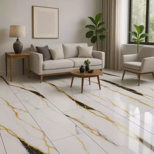 Black Empire 24x48 porcelain tile featuring a deep black background with elegant marble-style veining. Polished large-format surface ideal for creating sophisticated, modern floors and walls with a luxurious high-end look.