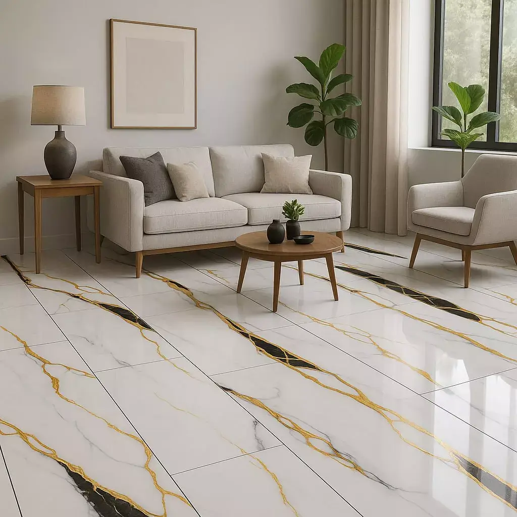 Black Empire 24x48 porcelain tile featuring a deep black background with elegant marble-style veining. Polished large-format surface ideal for creating sophisticated, modern floors and walls with a luxurious high-end look.