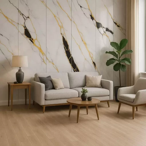 Black Empire 24x48 porcelain tile featuring a deep black background with elegant marble-style veining. Polished large-format surface ideal for creating sophisticated, modern floors and walls with a luxurious high-end look.