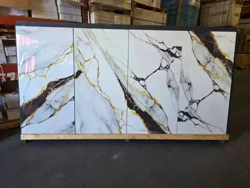 Black Empire 24x48 porcelain tile featuring a deep black background with elegant marble-style veining. Polished large-format surface ideal for creating sophisticated, modern floors and walls with a luxurious high-end look.