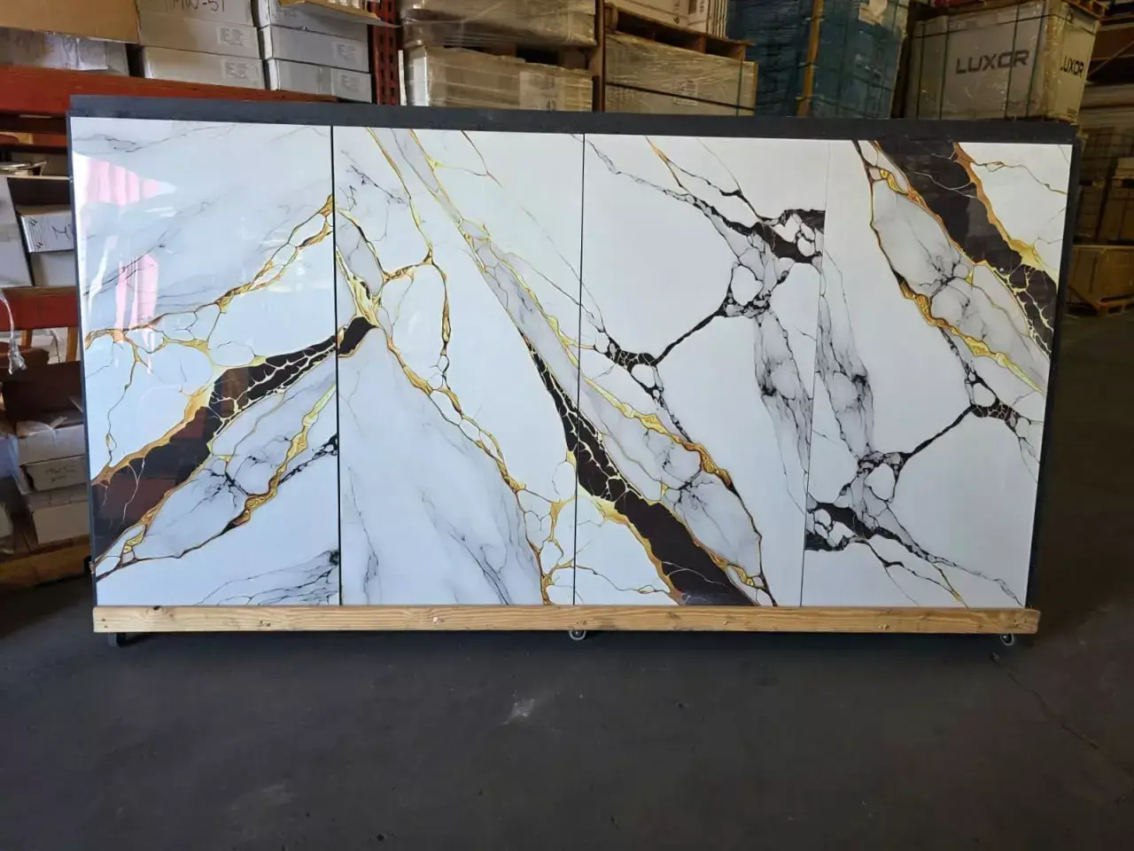 Black Empire 24x48 porcelain tile featuring a deep black background with elegant marble-style veining. Polished large-format surface ideal for creating sophisticated, modern floors and walls with a luxurious high-end look.