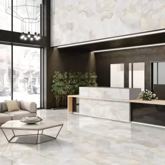 Cloud Sky Onyx porcelain tile featuring a soft sky-inspired blend of blues, whites, and onyx-style veining. Offers a luxurious polished finish ideal for creating elegant, modern floors and statement walls.
