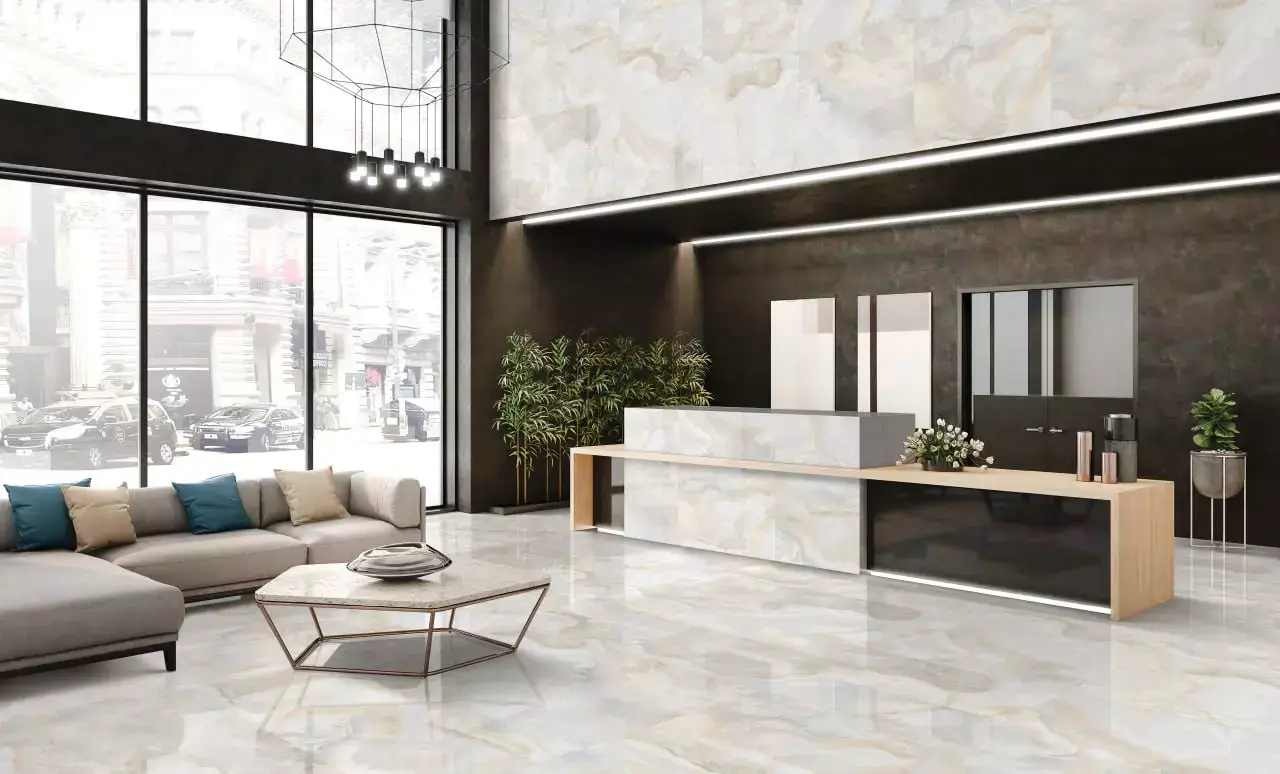 Cloud Sky Onyx porcelain tile featuring a soft sky-inspired blend of blues, whites, and onyx-style veining. Offers a luxurious polished finish ideal for creating elegant, modern floors and statement walls.