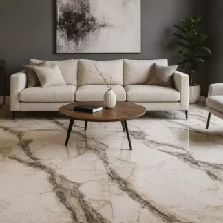 Thunder White 24x48 porcelain tile with a clean white background and elegant grey veining. Large-format, polished finish ideal for modern floors and walls, offering a luxurious marble appearance with durable, low-maintenance performance.