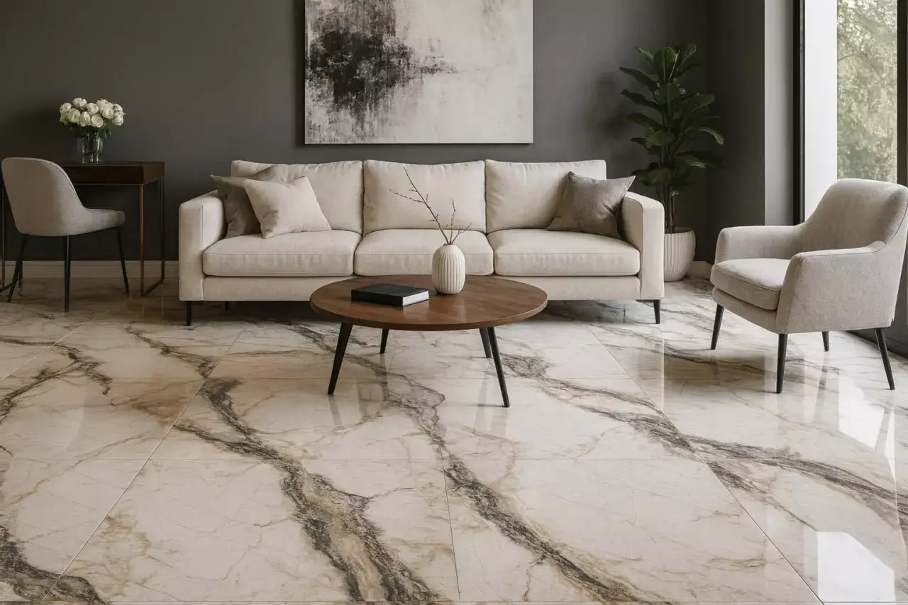 Thunder White 24x48 porcelain tile with a clean white background and elegant grey veining. Large-format, polished finish ideal for modern floors and walls, offering a luxurious marble appearance with durable, low-maintenance performance.