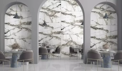 Thunder White 24x48 porcelain tile with a clean white background and elegant grey veining. Large-format, polished finish ideal for modern floors and walls, offering a luxurious marble appearance with durable, low-maintenance performance.