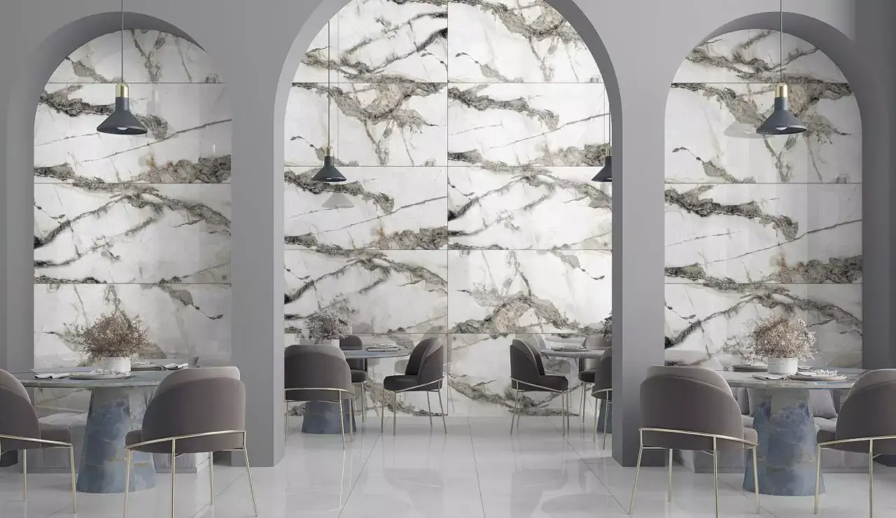 Thunder White 24x48 porcelain tile with a clean white background and elegant grey veining. Large-format, polished finish ideal for modern floors and walls, offering a luxurious marble appearance with durable, low-maintenance performance.