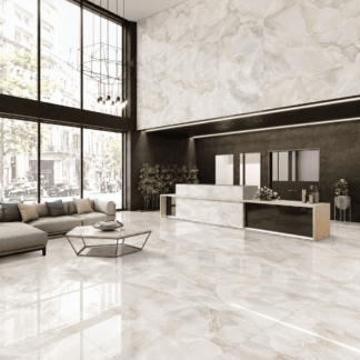 Cloud Sky Onyx polished porcelain tile installed on the floor and walls of a modern luxury interior