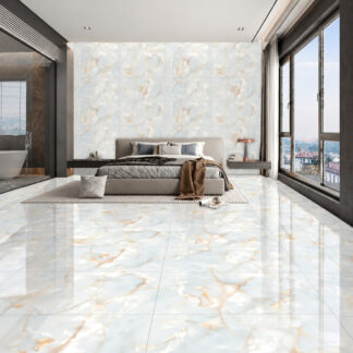 Vita Bella 24x48 porcelain tile installed on bedroom floor and feature wall