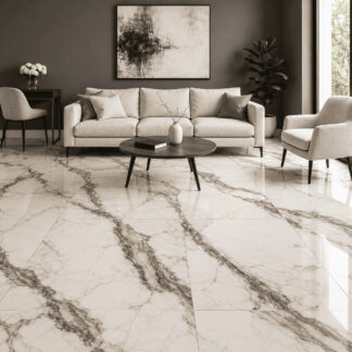 Thunder White 24x48 porcelain tile with white marble look and gray veining