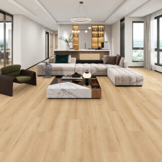 Cinnamon SPC waterproof flooring plank with warm natural wood-look finish