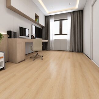 Nugmet light beige SPC waterproof flooring plank with natural wood grain on white background