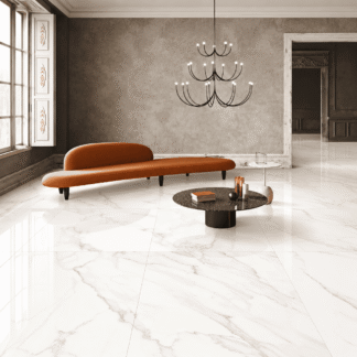 Marbella Venato 32x32 glossy porcelain tile with white marble look and gray veining