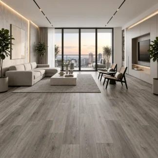 Affogato SPC Vinyl Flooring 8x47 inch planks featuring natural gray wood-grain textures, displayed in a three-piece arrangement on a clean white background.