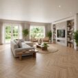 Modern Bohemian Nature porcelain tile in a chevron pattern, floor installation by The Flooring District.