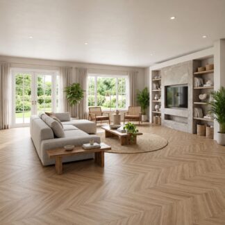 Modern Bohemian Nature porcelain tile in a chevron pattern, floor installation by The Flooring District.